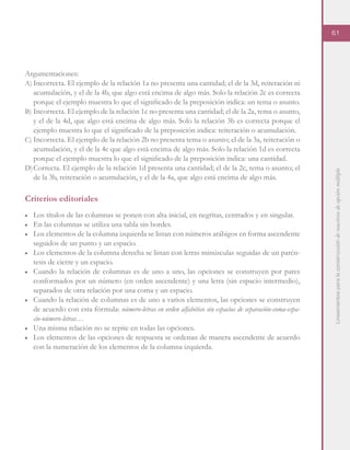 Lineamientosparalaconstruccióndereactivosdeopciónmúltiple
61
Argumentaciones:
A)	Incorrecta. El ejemplo de la relación 1a no presenta una cantidad; el de la 3d, reiteración ni
acumulación, y el de la 4b, que algo está encima de algo más. Solo la relación 2c es correcta
porque el ejemplo muestra lo que el significado de la preposición indica: un tema o asunto.
B)	Incorrecta. El ejemplo de la relación 1c no presenta una cantidad; el de la 2a, tema o asunto,
y el de la 4d, que algo está encima de algo más. Solo la relación 3b es correcta porque el
ejemplo muestra lo que el significado de la preposición indica: reiteración o acumulación.
C)	Incorrecta. El ejemplo de la relación 2b no presenta tema o asunto; el de la 3a, reiteración o
acumulación, y el de la 4c que algo está encima de algo más. Solo la relación 1d es correcta
porque el ejemplo muestra lo que el significado de la preposición indica: una cantidad.
D)	Correcta. El ejemplo de la relación 1d presenta una cantidad; el de la 2c, tema o asunto; el
de la 3b, reiteración o acumulación, y el de la 4a, que algo está encima de algo más.
Criterios editoriales
■	 Los títulos de las columnas se ponen con alta inicial, en negritas, centrados y en singular.
■	 En las columnas se utiliza una tabla sin bordes.
■	 Los elementos de la columna izquierda se listan con números arábigos en forma ascendente
seguidos de un punto y un espacio.
■	 Los elementos de la columna derecha se listan con letras minúsculas seguidas de un parén-
tesis de cierre y un espacio.
■	 Cuando la relación de columnas es de uno a uno, las opciones se construyen por pares
conformados por un número (en orden ascendente) y una letra (sin espacio intermedio),
separados de otra relación por una coma y un espacio.
■	 Cuando la relación de columnas es de uno a varios elementos, las opciones se construyen
de acuerdo con esta fórmula: número-letras en orden alfabético sin espacios de separación-coma-espa-
cio-número-letras…
■	 Una misma relación no se repite en todas las opciones.
■	 Los elementos de las opciones de respuesta se ordenan de manera ascendente de acuerdo
con la numeración de los elementos de la columna izquierda.
 