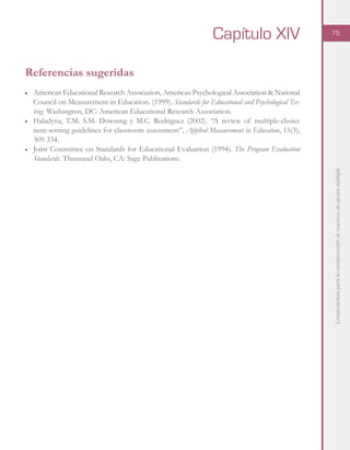 Lineamientosparalaconstruccióndereactivosdeopciónmúltiple
75
Capítulo XIV
Referencias sugeridas
■	 American Educational Research Association, American Psychological Association & National
Council on Measurement in Education. (1999). Standards for Educational and Psychological Tes-
ting. Washington, DC: American Educational Research Association.
■	 Haladyna, T.M. S.M. Downing y M.C. Rodriguez (2002). “A review of multiple-choice
item-writing guidelines for classroom assessment”, Applied Measurement in Education, 15(3),
309-334.
■	 Joint Committee on Standards for Educational Evaluation (1994). The Program Evaluation
Standards. Thousand Oaks, CA: Sage Publications.
 