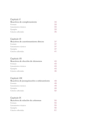 Capítulo V	
Reactivos de completamiento	 33
Formato	 33
Lineamientos técnicos	 33
Ejemplos	 33
Criterios editoriales	 35
	
Capítulo VI	
Reactivos de cuestionamiento directo	 37
Formato	 37
Lineamientos técnicos	 37
Ejemplos	 37
Criterios editoriales	 41
	
Capítulo VII	
Reactivos de elección de elementos	 43
Formato	 43
Lineamientos técnicos	 43
Ejemplos	 43
Criterios editoriales	 46
Capítulo VIII	
Reactivos de jerarquización u ordenamiento	 49
Formato	 49
Lineamientos técnicos	 49
Ejemplos	 49
Criterios editoriales	 52
Capítulo IX	
Reactivos de relación de columnas	 55
Formato	 55
Lineamientos técnicos	 55
Ejemplos	 56
Criterios editoriales	 61
 