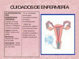 CUIDADOS DE ENFERMERÍA LA APARICIÓN DE UNA HEMORRAGIA CONTINUA. Cuando el fondo esta firme puede indicar un desgarro cervical o perineal.  Ligero : mancha menor 10cm en la toalla. Moderado  : mancha de 15cm en la toalla. Abundante  : toalla saturada en menos de una hora.  Si se manifiesta hemorragia importante avísese al medico inmediatamente. Vigilar las constantes vitales y la firmeza del útero. Debe disponer pruebas cruzadas y sangre para una posible transfusión.  