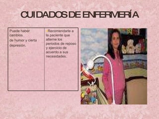 CUIDADOS DE ENFERMERÍA Puede haber cambios de humor y cierta depresión. Recomendarle a la paciente que alterne los periodos de reposo y ejercicio de acuerdo a sus necesidades. 