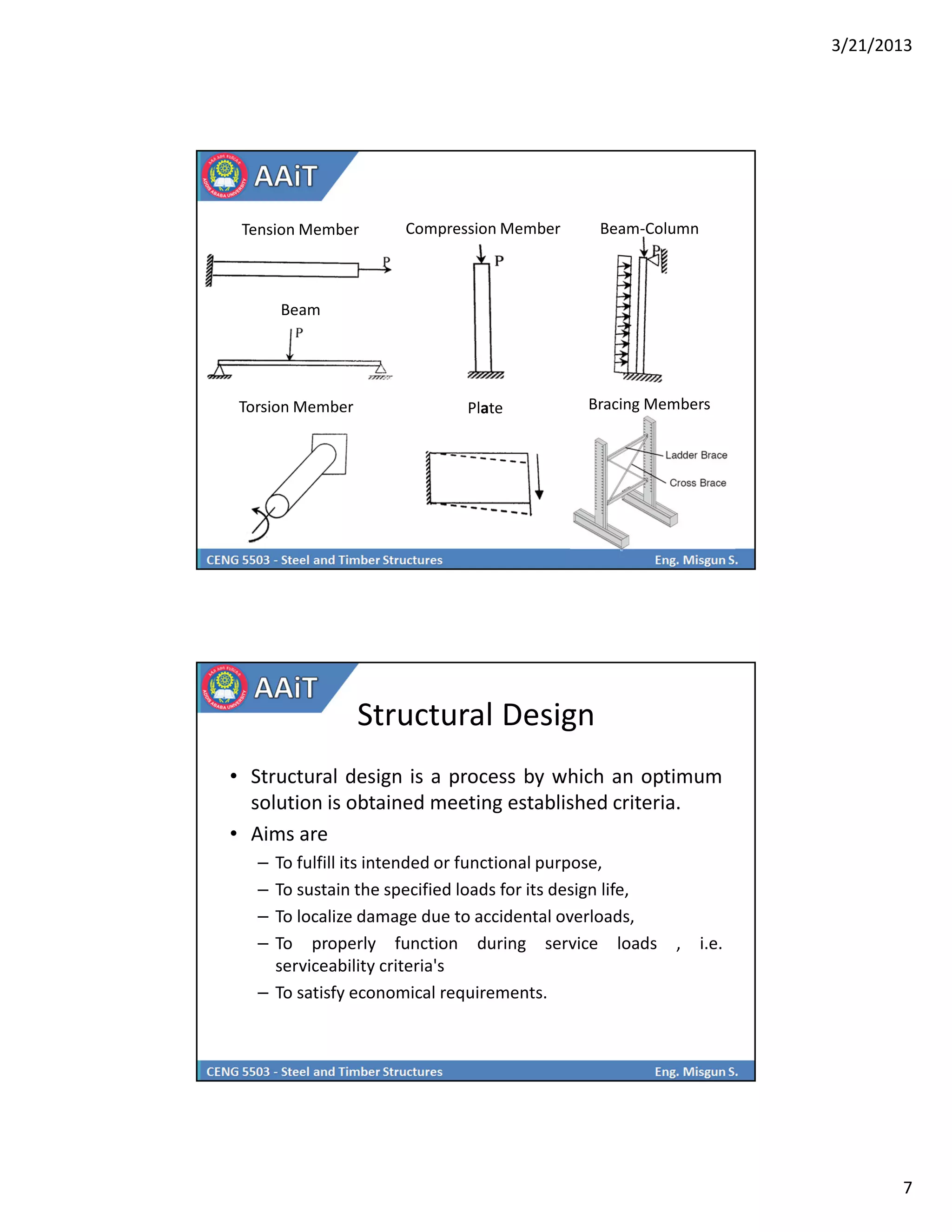 3/21/2013
7
Tension Member Compression Member Beam-Column
Beam
Torsion Member Plate Bracing Members
Structural Design
• Structural design is a process by which an optimum
solution is obtained meeting established criteria.
• Aims are
– To fulfill its intended or functional purpose,
– To sustain the specified loads for its design life,
– To localize damage due to accidental overloads,
– To properly function during service loads , i.e.
serviceability criteria's
– To satisfy economical requirements.
 