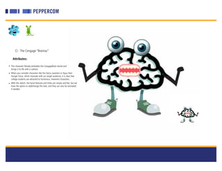 C) : The Cengage “Brainiac”

    Attributes:

• This character literally embodies the CengageBrain brand and
  brings it to life with a cartoon.
• When you consider characters like the Geico cavemen or Aqua Teen
  Hunger Force, which resonate with our target audience, it is clear that
  college students are attracted to humorous, irreverent characters.
• With this sketch, the facial features and limbs are simple and flat, but we
  have the option to add/change the look, and they can also be animated
  if needed.
 