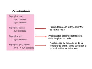 Propiedades son independientes
de la longitud de onda
Propiedades son independientes
de la dirección
No depende la dirección ni de la
longitud de onda, viene dada por la
emisividad hemisférica total
Aproximaciones
 