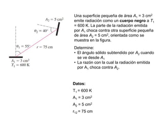 Una superficie pequeña de área A1 = 3 cm2
emite radiación como un cuerpo negro a T1
= 600 K. La parte de la radiación emitida
por A1 choca contra otra superficie pequeña
de área A2 = 5 cm2, orientada como se
muestra en la figura.
Datos:
T1 = 600 K
A1 = 3 cm2
A2 = 5 cm2
r12 = 75 cm
Determine:
• El ángulo sólido subtendido por A2 cuando
se ve desde A1
• La razón con la cual la radiación emitida
por A1 choca contra A2.
 