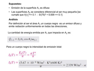 Supuestos:
• Emisión de la superficie A1 es difusa
• Las superficies A2 se considera diferencial al ser muy pequeña [se
cumple que Aj/rij
2<< 0.1 🡪 5/(75)2 = 0.009 << 0.1]
Análisis
Por definición al ser el área A1 un cuerpo negro es un emisor difuso y
emite radiación uniformemente en todas las direcciones.
Para un cuerpo negro la intensidad de emisisón total:
La cantidad de energía emitida por A1 que impacta en A2 es:
 