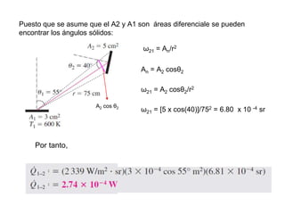 Puesto que se asume que el A2 y A1 son áreas diferenciale se pueden
encontrar los ángulos sólidos:
A2 cos θ2
ω21 = A2 cosθ2/r2
ω21 = [5 x cos(40)]/752 = 6.80 x 10 -4 sr
An = A2 cosθ2
ω21 = An/r2
Por tanto,
 