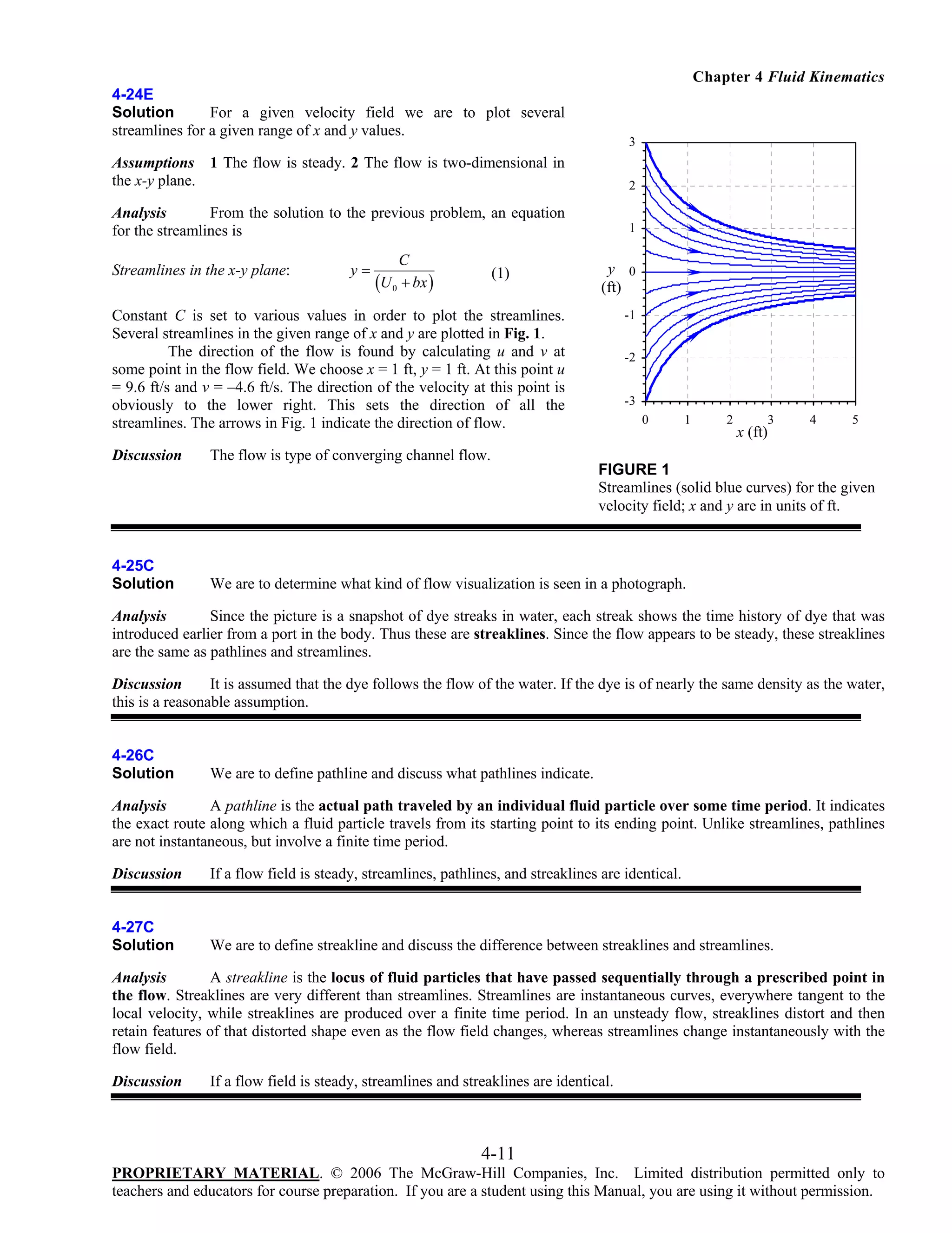 Chapter 4 Fluid Kinematics
4-24E
Solution
For a given velocity field we are to plot several
streamlines for a given range of x and y values.

3

Assumptions 1 The flow is steady. 2 The flow is two-dimensional in
the x-y plane.

2

Analysis
From the solution to the previous problem, an equation
for the streamlines is

1

Streamlines in the x-y plane:

y=

C
(U 0 + bx )

(1)

y 0
(ft)

Constant C is set to various values in order to plot the streamlines.
Several streamlines in the given range of x and y are plotted in Fig. 1.
The direction of the flow is found by calculating u and v at
some point in the flow field. We choose x = 1 ft, y = 1 ft. At this point u
= 9.6 ft/s and v = –4.6 ft/s. The direction of the velocity at this point is
obviously to the lower right. This sets the direction of all the
streamlines. The arrows in Fig. 1 indicate the direction of flow.
Discussion

-1
-2
-3
0

1

2

3

x (ft)

4

5

The flow is type of converging channel flow.
FIGURE 1
Streamlines (solid blue curves) for the given
velocity field; x and y are in units of ft.

4-25C
Solution

We are to determine what kind of flow visualization is seen in a photograph.

Analysis
Since the picture is a snapshot of dye streaks in water, each streak shows the time history of dye that was
introduced earlier from a port in the body. Thus these are streaklines. Since the flow appears to be steady, these streaklines
are the same as pathlines and streamlines.
Discussion
It is assumed that the dye follows the flow of the water. If the dye is of nearly the same density as the water,
this is a reasonable assumption.

4-26C
Solution

We are to define pathline and discuss what pathlines indicate.

Analysis
A pathline is the actual path traveled by an individual fluid particle over some time period. It indicates
the exact route along which a fluid particle travels from its starting point to its ending point. Unlike streamlines, pathlines
are not instantaneous, but involve a finite time period.
Discussion

If a flow field is steady, streamlines, pathlines, and streaklines are identical.

4-27C
Solution

We are to define streakline and discuss the difference between streaklines and streamlines.

Analysis
A streakline is the locus of fluid particles that have passed sequentially through a prescribed point in
the flow. Streaklines are very different than streamlines. Streamlines are instantaneous curves, everywhere tangent to the
local velocity, while streaklines are produced over a finite time period. In an unsteady flow, streaklines distort and then
retain features of that distorted shape even as the flow field changes, whereas streamlines change instantaneously with the
flow field.
Discussion

If a flow field is steady, streamlines and streaklines are identical.

4-11
PROPRIETARY MATERIAL. © 2006 The McGraw-Hill Companies, Inc. Limited distribution permitted only to
teachers and educators for course preparation. If you are a student using this Manual, you are using it without permission.

 