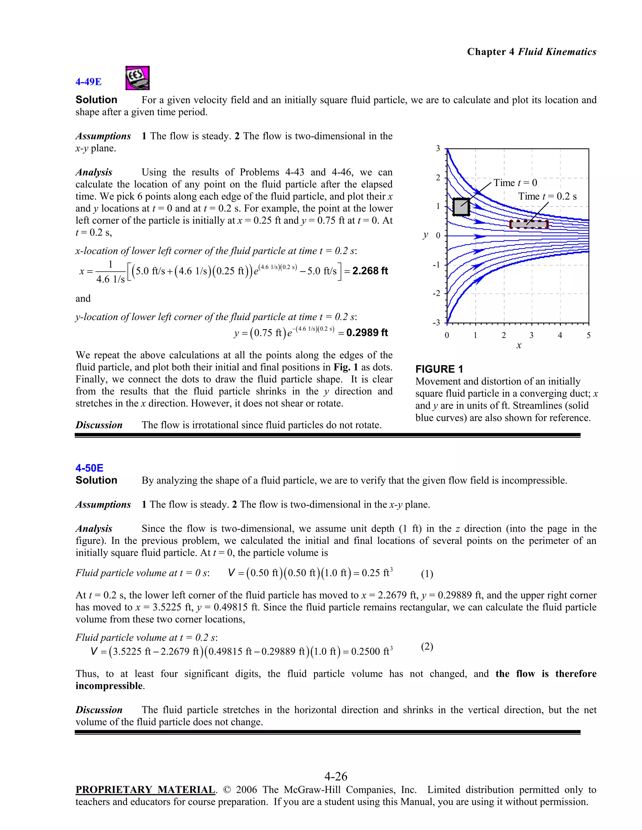 Chapter 4 Fluid Kinematics
4-49E
Solution
For a given velocity field and an initially square fluid particle, we are to calculate and plot its location and
shape after a given time period.
Assumptions
x-y plane.

1 The flow is steady. 2 The flow is two-dimensional in the
3

Analysis
Using the results of Problems 4-43 and 4-46, we can
calculate the location of any point on the fluid particle after the elapsed
time. We pick 6 points along each edge of the fluid particle, and plot their x
and y locations at t = 0 and at t = 0.2 s. For example, the point at the lower
left corner of the particle is initially at x = 0.25 ft and y = 0.75 ft at t = 0. At
t = 0.2 s,

2

Time t = 0
Time t = 0.2 s

1

y 0

x-location of lower left corner of the fluid particle at time t = 0.2 s:
1 ⎡
x=
( 5.0 ft/s + ( 4.6 1/s )( 0.25 ft ) ) e( 4.6 1/s)(0.2 s) − 5.0 ft/s ⎤ = 2.268 ft
⎦
4.6 1/s ⎣

-1
-2

and

y-location of lower left corner of the fluid particle at time t = 0.2 s:
y = ( 0.75 ft ) e

− ( 4.6 1/s )( 0.2 s )

-3

= 0.2989 ft

0

1

2

3

4

5

x
We repeat the above calculations at all the points along the edges of the
fluid particle, and plot both their initial and final positions in Fig. 1 as dots.
Finally, we connect the dots to draw the fluid particle shape. It is clear
from the results that the fluid particle shrinks in the y direction and
stretches in the x direction. However, it does not shear or rotate.

FIGURE 1
Movement and distortion of an initially
square fluid particle in a converging duct; x
and y are in units of ft. Streamlines (solid
blue curves) are also shown for reference.

Discussion

The flow is irrotational since fluid particles do not rotate.

4-50E
Solution

By analyzing the shape of a fluid particle, we are to verify that the given flow field is incompressible.

Assumptions

1 The flow is steady. 2 The flow is two-dimensional in the x-y plane.

Analysis
Since the flow is two-dimensional, we assume unit depth (1 ft) in the z direction (into the page in the
figure). In the previous problem, we calculated the initial and final locations of several points on the perimeter of an
initially square fluid particle. At t = 0, the particle volume is

Fluid particle volume at t = 0 s:

V = ( 0.50 ft )( 0.50 ft )(1.0 ft ) = 0.25 ft 3

(1)

At t = 0.2 s, the lower left corner of the fluid particle has moved to x = 2.2679 ft, y = 0.29889 ft, and the upper right corner
has moved to x = 3.5225 ft, y = 0.49815 ft. Since the fluid particle remains rectangular, we can calculate the fluid particle
volume from these two corner locations,

Fluid particle volume at t = 0.2 s:
V = ( 3.5225 ft − 2.2679 ft )( 0.49815 ft − 0.29889 ft )(1.0 ft ) = 0.2500 ft 3

(2)

Thus, to at least four significant digits, the fluid particle volume has not changed, and the flow is therefore
incompressible.
Discussion
The fluid particle stretches in the horizontal direction and shrinks in the vertical direction, but the net
volume of the fluid particle does not change.

4-26
PROPRIETARY MATERIAL. © 2006 The McGraw-Hill Companies, Inc. Limited distribution permitted only to
teachers and educators for course preparation. If you are a student using this Manual, you are using it without permission.

 