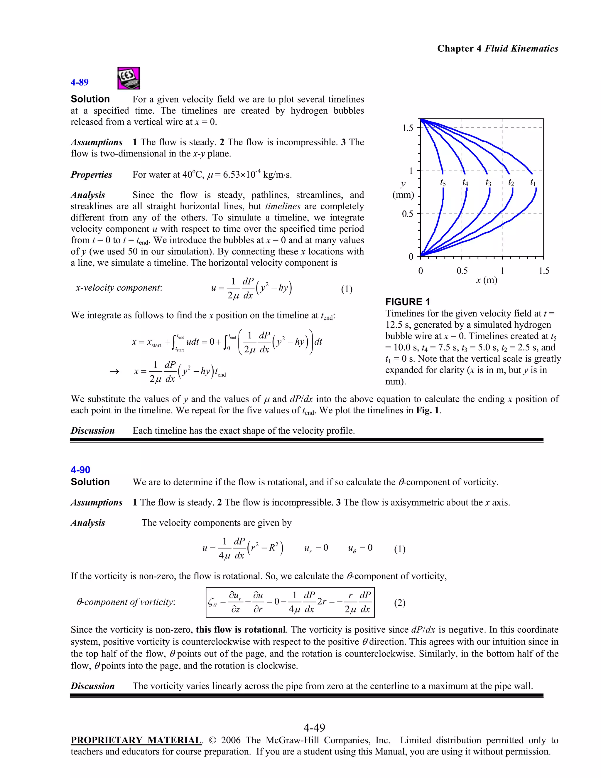 Chapter 4 Fluid Kinematics

4-89
Solution
For a given velocity field we are to plot several timelines
at a specified time. The timelines are created by hydrogen bubbles
released from a vertical wire at x = 0.

1.5

Assumptions 1 The flow is steady. 2 The flow is incompressible. 3 The
flow is two-dimensional in the x-y plane.
Properties

For water at 40oC, μ = 6.53×10-4 kg/m⋅s.

Analysis
Since the flow is steady, pathlines, streamlines, and
streaklines are all straight horizontal lines, but timelines are completely
different from any of the others. To simulate a timeline, we integrate
velocity component u with respect to time over the specified time period
from t = 0 to t = tend. We introduce the bubbles at x = 0 and at many values
of y (we used 50 in our simulation). By connecting these x locations with
a line, we simulate a timeline. The horizontal velocity component is

(

1 dP 2
u=
y − hy
2μ dx

x-velocity component:

)

tend

tstart

→

x=

(

udt = 0 + ∫

tend

0

t4

t3

t2

t1

0.5

0
0

0.5

1

1.5

(1)
FIGURE 1
Timelines for the given velocity field at t =
12.5 s, generated by a simulated hydrogen
bubble wire at x = 0. Timelines created at t5
= 10.0 s, t4 = 7.5 s, t3 = 5.0 s, t2 = 2.5 s, and
t1 = 0 s. Note that the vertical scale is greatly
expanded for clarity (x is in m, but y is in
mm).

⎛ 1 dP 2
⎞
y − hy ⎟ dt
⎜
2μ dx
⎝
⎠

(

t5

x (m)

We integrate as follows to find the x position on the timeline at tend:
x = xstart + ∫

1
y
(mm)

)

)

1 dP 2
y − hy tend
2 μ dx

We substitute the values of y and the values of μ and dP/dx into the above equation to calculate the ending x position of
each point in the timeline. We repeat for the five values of tend. We plot the timelines in Fig. 1.
Discussion

Each timeline has the exact shape of the velocity profile.

4-90
Solution

We are to determine if the flow is rotational, and if so calculate the θ-component of vorticity.

Assumptions

1 The flow is steady. 2 The flow is incompressible. 3 The flow is axisymmetric about the x axis.

Analysis

The velocity components are given by
u=

(

1 dP 2
r − R2
4 μ dx

)

ur = 0

uθ = 0

(1)

If the vorticity is non-zero, the flow is rotational. So, we calculate the θ-component of vorticity,

θ-component of vorticity:

ζθ =

∂ur ∂u
1 dP
r dP
−
= 0−
2r = −
∂z ∂r
4 μ dx
2 μ dx

(2)

Since the vorticity is non-zero, this flow is rotational. The vorticity is positive since dP/dx is negative. In this coordinate
system, positive vorticity is counterclockwise with respect to the positive θ direction. This agrees with our intuition since in
the top half of the flow, θ points out of the page, and the rotation is counterclockwise. Similarly, in the bottom half of the
flow, θ points into the page, and the rotation is clockwise.
Discussion

The vorticity varies linearly across the pipe from zero at the centerline to a maximum at the pipe wall.

4-49
PROPRIETARY MATERIAL. © 2006 The McGraw-Hill Companies, Inc. Limited distribution permitted only to
teachers and educators for course preparation. If you are a student using this Manual, you are using it without permission.

 