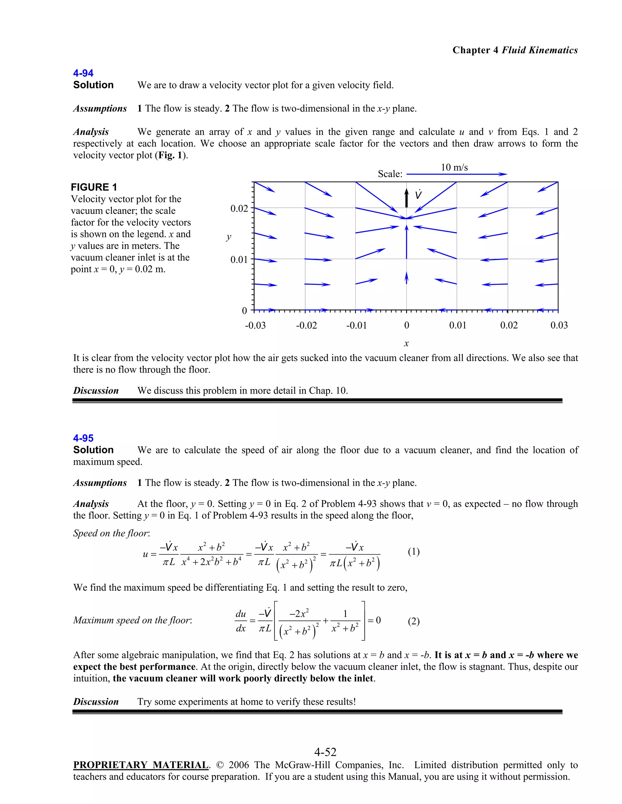 Chapter 4 Fluid Kinematics
4-94
Solution

We are to draw a velocity vector plot for a given velocity field.

Assumptions

1 The flow is steady. 2 The flow is two-dimensional in the x-y plane.

Analysis
We generate an array of x and y values in the given range and calculate u and v from Eqs. 1 and 2
respectively at each location. We choose an appropriate scale factor for the vectors and then draw arrows to form the
velocity vector plot (Fig. 1).
10 m/s
Scale:
FIGURE 1
V
Velocity vector plot for the
0.02
vacuum cleaner; the scale
factor for the velocity vectors
is shown on the legend. x and
y
y values are in meters. The
vacuum cleaner inlet is at the
0.01
point x = 0, y = 0.02 m.

0
-0.03

-0.02

-0.01

0

0.01

0.02

0.03

x
It is clear from the velocity vector plot how the air gets sucked into the vacuum cleaner from all directions. We also see that
there is no flow through the floor.
Discussion

We discuss this problem in more detail in Chap. 10.

4-95
Solution
We are to calculate the speed of air along the floor due to a vacuum cleaner, and find the location of
maximum speed.
Assumptions

1 The flow is steady. 2 The flow is two-dimensional in the x-y plane.

Analysis
At the floor, y = 0. Setting y = 0 in Eq. 2 of Problem 4-93 shows that v = 0, as expected – no flow through
the floor. Setting y = 0 in Eq. 1 of Problem 4-93 results in the speed along the floor,

Speed on the floor:
u=

−V x
x 2 + b2
−V x x 2 + b 2
=
π L x 4 + 2 x 2b2 + b4 π L x 2 + b2

(

)

=

2

−V x

π L ( x 2 + b2 )

(1)

We find the maximum speed be differentiating Eq. 1 and setting the result to zero,
Maximum speed on the floor:

⎡
du −V ⎢ −2 x 2
=
dx π L ⎢ x 2 + b 2
⎢
⎣

(

)

2

+

⎤
1 ⎥
=0
x 2 + b2 ⎥
⎥
⎦

(2)

After some algebraic manipulation, we find that Eq. 2 has solutions at x = b and x = -b. It is at x = b and x = -b where we
expect the best performance. At the origin, directly below the vacuum cleaner inlet, the flow is stagnant. Thus, despite our
intuition, the vacuum cleaner will work poorly directly below the inlet.
Discussion

Try some experiments at home to verify these results!

4-52
PROPRIETARY MATERIAL. © 2006 The McGraw-Hill Companies, Inc. Limited distribution permitted only to
teachers and educators for course preparation. If you are a student using this Manual, you are using it without permission.

 