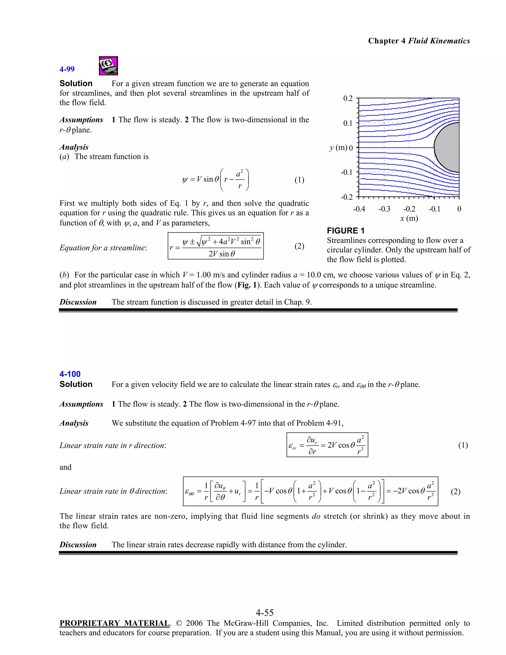 Chapter 4 Fluid Kinematics

4-99
Solution
For a given stream function we are to generate an equation
for streamlines, and then plot several streamlines in the upstream half of
the flow field.
Assumptions
r-θ plane.

0.2

1 The flow is steady. 2 The flow is two-dimensional in the

Analysis
(a) The stream function is

0.1

y (m) 0
⎛

ψ = V sin θ ⎜ r −
⎝

a2 ⎞
⎟
r ⎠

-0.1

(1)
-0.2

First we multiply both sides of Eq. 1 by r, and then solve the quadratic
equation for r using the quadratic rule. This gives us an equation for r as a
function of θ, with ψ, a, and V as parameters,
Equation for a streamline:

ψ ± ψ 2 + 4a 2V 2 sin 2 θ
r=
2V sin θ

-0.4

-0.3

-0.2
x (m)

-0.1

0

FIGURE 1
Streamlines corresponding to flow over a
circular cylinder. Only the upstream half of
the flow field is plotted.

(2)

(b) For the particular case in which V = 1.00 m/s and cylinder radius a = 10.0 cm, we choose various values of ψ in Eq. 2,
and plot streamlines in the upstream half of the flow (Fig. 1). Each value of ψ corresponds to a unique streamline.
Discussion

The stream function is discussed in greater detail in Chap. 9.

4-100
Solution

For a given velocity field we are to calculate the linear strain rates εrr and εθθ in the r-θ plane.

Assumptions

1 The flow is steady. 2 The flow is two-dimensional in the r-θ plane.

Analysis

We substitute the equation of Problem 4-97 into that of Problem 4-91,

ε rr =

Linear strain rate in r direction:

∂ur
a2
= 2V cos θ 3
∂r
r

(1)

and
Linear strain rate in θ direction:

1 ⎡ ∂u

⎤

1⎡

⎛

a2 ⎞

⎛

a2 ⎞⎤

a2

ε θθ = ⎢ θ + ur ⎥ = ⎢ −V cos θ ⎜ 1 + 2 ⎟ + V cos θ ⎜ 1 − 2 ⎟ ⎥ = −2V cos θ 3
r ⎣ ∂θ
r ⎠
r
⎦ r⎢
⎝
⎝ r ⎠⎥
⎣
⎦

(2)

The linear strain rates are non-zero, implying that fluid line segments do stretch (or shrink) as they move about in
the flow field.
Discussion

The linear strain rates decrease rapidly with distance from the cylinder.

4-55
PROPRIETARY MATERIAL. © 2006 The McGraw-Hill Companies, Inc. Limited distribution permitted only to
teachers and educators for course preparation. If you are a student using this Manual, you are using it without permission.

 