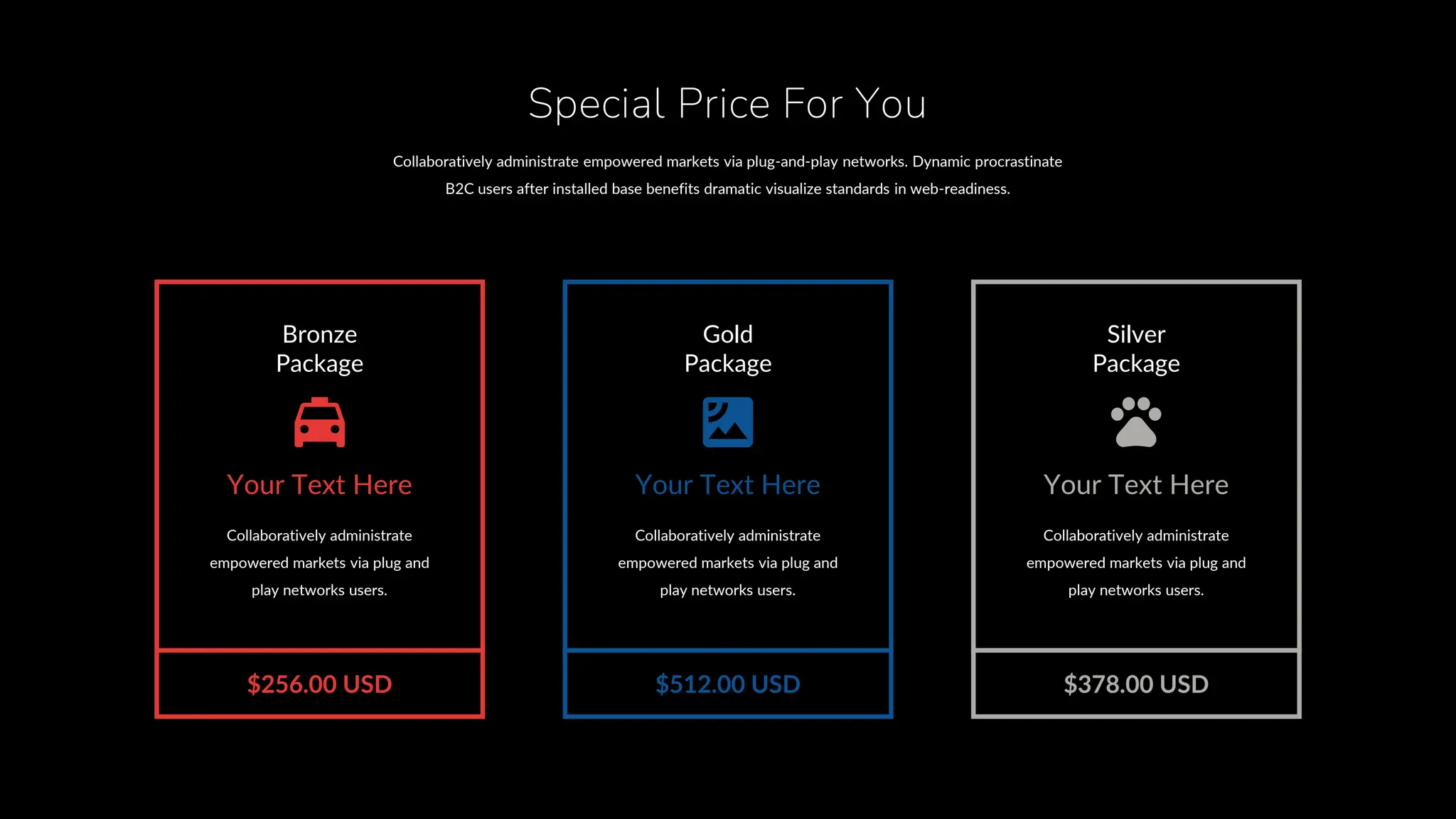 Bronze
Package
Gold
Package
Silver
Package
Collaboratively administrate
empowered markets via plug and
play networks users.
Collaboratively administrate
empowered markets via plug and
play networks users.
Collaboratively administrate
empowered markets via plug and
play networks users.
Your Text Here Your Text Here Your Text Here
$256.00 USD $512.00 USD $378.00 USD
Special Price For You
Collaboratively administrate empowered markets via plug-and-play networks. Dynamic procrastinate
B2C users after installed base benefits dramatic visualize standards in web-readiness.
 