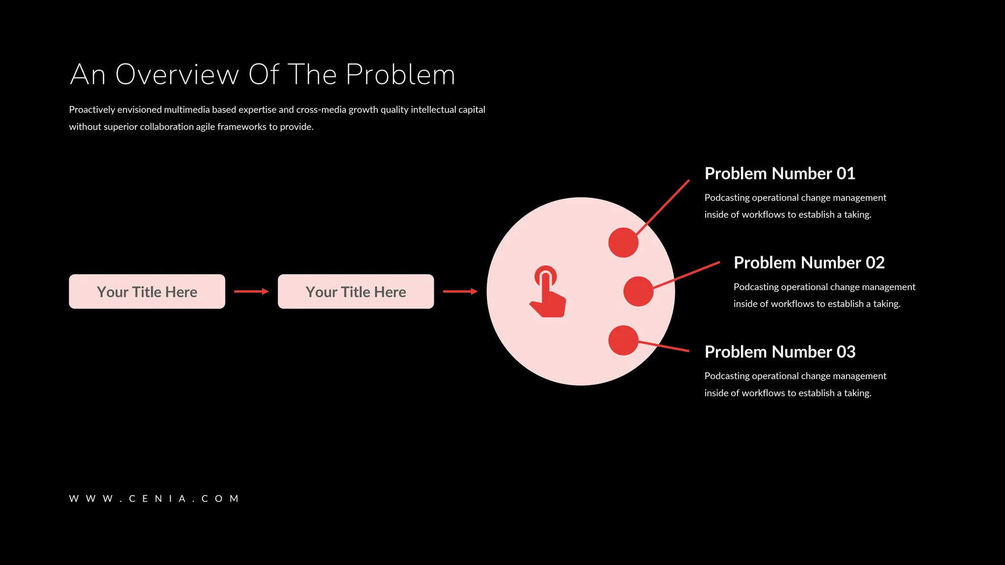 Problem Number 02
Podcasting operational change management
inside of workflows to establish a taking.
Problem Number 01
Podcasting operational change management
inside of workflows to establish a taking.
Problem Number 03
Podcasting operational change management
inside of workflows to establish a taking.
Your Title Here
Your Title Here
Proactively envisioned multimedia based expertise and cross-media growth quality intellectual capital
without superior collaboration agile frameworks to provide.
An Overview Of The Problem
W W W . C E N I A . C O M
 