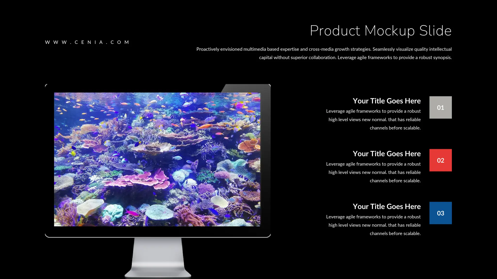 Proactively envisioned multimedia based expertise and cross-media growth strategies. Seamlessly visualize quality intellectual
capital without superior collaboration. Leverage agile frameworks to provide a robust synopsis.
Product Mockup Slide
W W W . C E N I A . C O M
Your Title Goes Here
Leverage agile frameworks to provide a robust
high level views new normal. that has reliable
channels before scalable.
01
Your Title Goes Here
Leverage agile frameworks to provide a robust
high level views new normal. that has reliable
channels before scalable.
02
Your Title Goes Here
Leverage agile frameworks to provide a robust
high level views new normal. that has reliable
channels before scalable.
03
 