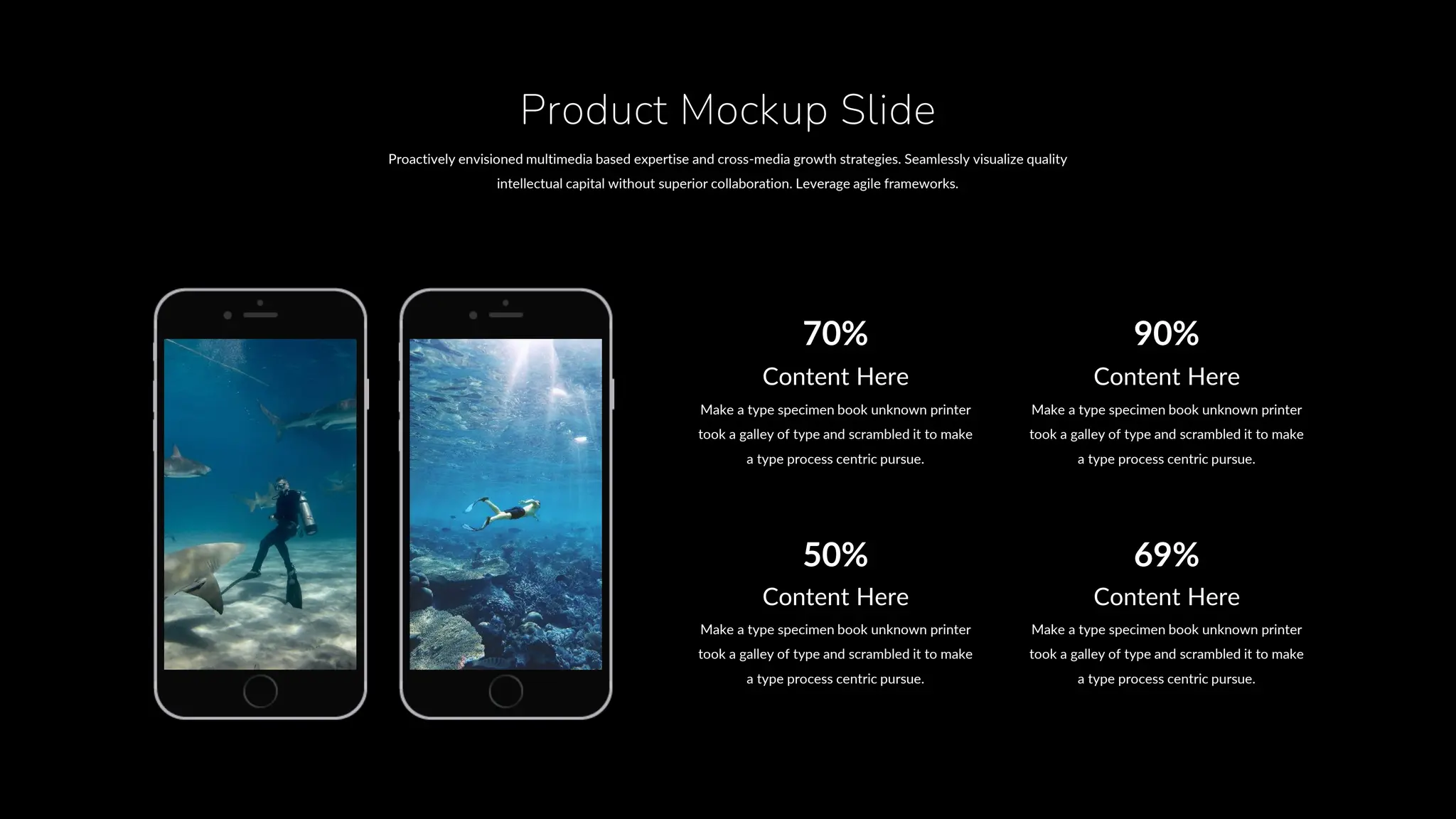 Proactively envisioned multimedia based expertise and cross-media growth strategies. Seamlessly visualize quality
intellectual capital without superior collaboration. Leverage agile frameworks.
Product Mockup Slide
Content Here
Make a type specimen book unknown printer
took a galley of type and scrambled it to make
a type process centric pursue.
Content Here
Make a type specimen book unknown printer
took a galley of type and scrambled it to make
a type process centric pursue.
Content Here
Make a type specimen book unknown printer
took a galley of type and scrambled it to make
a type process centric pursue.
Content Here
Make a type specimen book unknown printer
took a galley of type and scrambled it to make
a type process centric pursue.
70% 90%
50% 69%
 