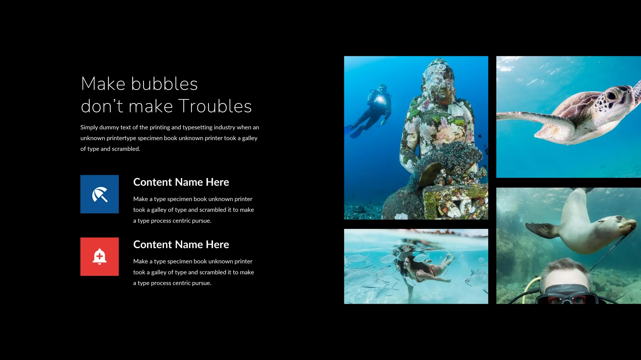 Make bubbles
don’t make Troubles
Simply dummy text of the printing and typesetting industry when an
unknown printertype specimen book unknown printer took a galley
of type and scrambled.
Content Name Here
Make a type specimen book unknown printer
took a galley of type and scrambled it to make
a type process centric pursue.
Content Name Here
Make a type specimen book unknown printer
took a galley of type and scrambled it to make
a type process centric pursue.
 