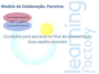 Modelo de Colaboração, Parceiros




 Condições para parceria no final da apresentação
             duas opções possíveis
 