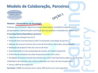 Modelo de Colaboração, Parceiros


Pioneers - Fornecedoras de Tecnologia
Empresas que introduzem alguma tecnologia, know-how ou competência específica na LF,
perspectivando a demonstração e promoção dos seus produto e competências, através da LF
A Learning Factory disponibiliza e promove:
• 2dias/ano de utilização livre da LF
• Formação Ceni-Learning Factory onde é incorporada a tecnologia do parceiro
• Selecção de recursos humanos dos cursos de licenciatura, mestrado e pós-graduação
• Realização de projectos finais de curso ou de teses
• Acesso ilimitado à LF para preparação de eventos, em horários disponível
• O fomento de contactos nas redes de parcerias onde o Ceni actua
• Divulgação da empresa através dos eventos que o Ceni-Learning Factory organiza, do site onde a
visibilidade é permanente e das notícias publicadas nos meios de comunicação social.
• Acesso a 80h de formação/ano
Fee Anual: 5.000€ (no primeiro ano e menos 20% do fee nos 3 anos seguintes)
 