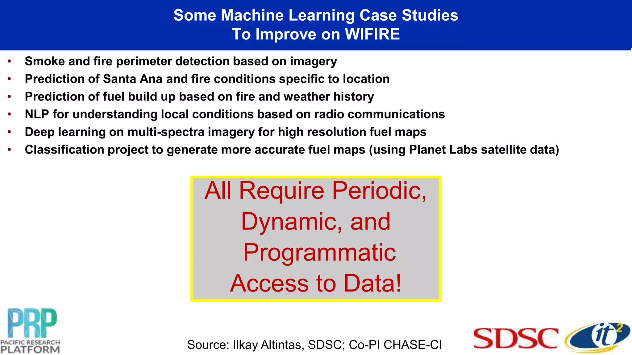 Some Machine Learning Case Studies
To Improve on WIFIRE
• Smoke and fire perimeter detection based on imagery
• Prediction of Santa Ana and fire conditions specific to location
• Prediction of fuel build up based on fire and weather history
• NLP for understanding local conditions based on radio communications
• Deep learning on multi-spectra imagery for high resolution fuel maps
• Classification project to generate more accurate fuel maps (using Planet Labs satellite data)
All Require Periodic,
Dynamic, and
Programmatic
Access to Data!
Source: Ilkay Altintas, SDSC; Co-PI CHASE-CI
 