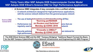 Thirty Years After NSF Adopts DOE Supercomputer Center Model
NSF Adopts DOE ESnet’s Science DMZ for High Performance Applications
• A Science DMZ integrates 4 key concepts into a unified whole:
– A network architecture designed for high-performance applications,
with the science network distinct from the general-purpose network
– The use of dedicated systems as data transfer nodes (DTNs)
– Performance measurement and network testing systems that are
regularly used to characterize and troubleshoot the network
– Security policies and enforcement mechanisms that are tailored for
high performance science environments
http://fasterdata.es.net/science-dmz/
Science DMZ
Coined 2010
The DOE ESnet Science DMZ and the NSF “Campus Bridging” Taskforce Report Formed the Basis
for the NSF Campus Cyberinfrastructure Network Infrastructure and Engineering (CC-NIE) Program
“Firewalls in DMZs?”
Monday @ CENIC 2018
“Running perfSONAR
on Routers and Switches”
Monday @ CENIC 2018
 