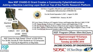 New NSF CHASE-CI Grant Creates a Community Cyberinfrastructure:
Adding a Machine Learning Layer Built on Top of the Pacific Research Platform
Caltech
UCB
UCI UCR
UCSD
UCSC
Stanford
MSU
UCM
SDSU
NSF Grant for High Speed “Cloud” of 256 GPUs
For 30 ML Faculty & Their Students at 10 Campuses
for Training AI Algorithms on Big Data
“Hyperconverged 10-Campus
Machine Learning Cluster”
Tuesday @ CENIC 2018
NSF Program Officer: Mimi McClure
 