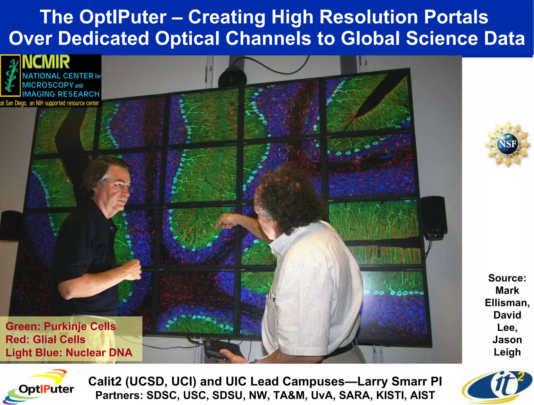 The OptIPuter – Creating High Resolution Portals  Over Dedicated Optical Channels to Global Science Data Green: Purkinje Cells Red: Glial Cells Light Blue: Nuclear DNA Source: Mark Ellisman, David Lee, Jason Leigh Calit2 (UCSD, UCI) and UIC Lead Campuses—Larry Smarr PI Partners: SDSC, USC, SDSU, NW, TA&M, UvA, SARA, KISTI, AIST 