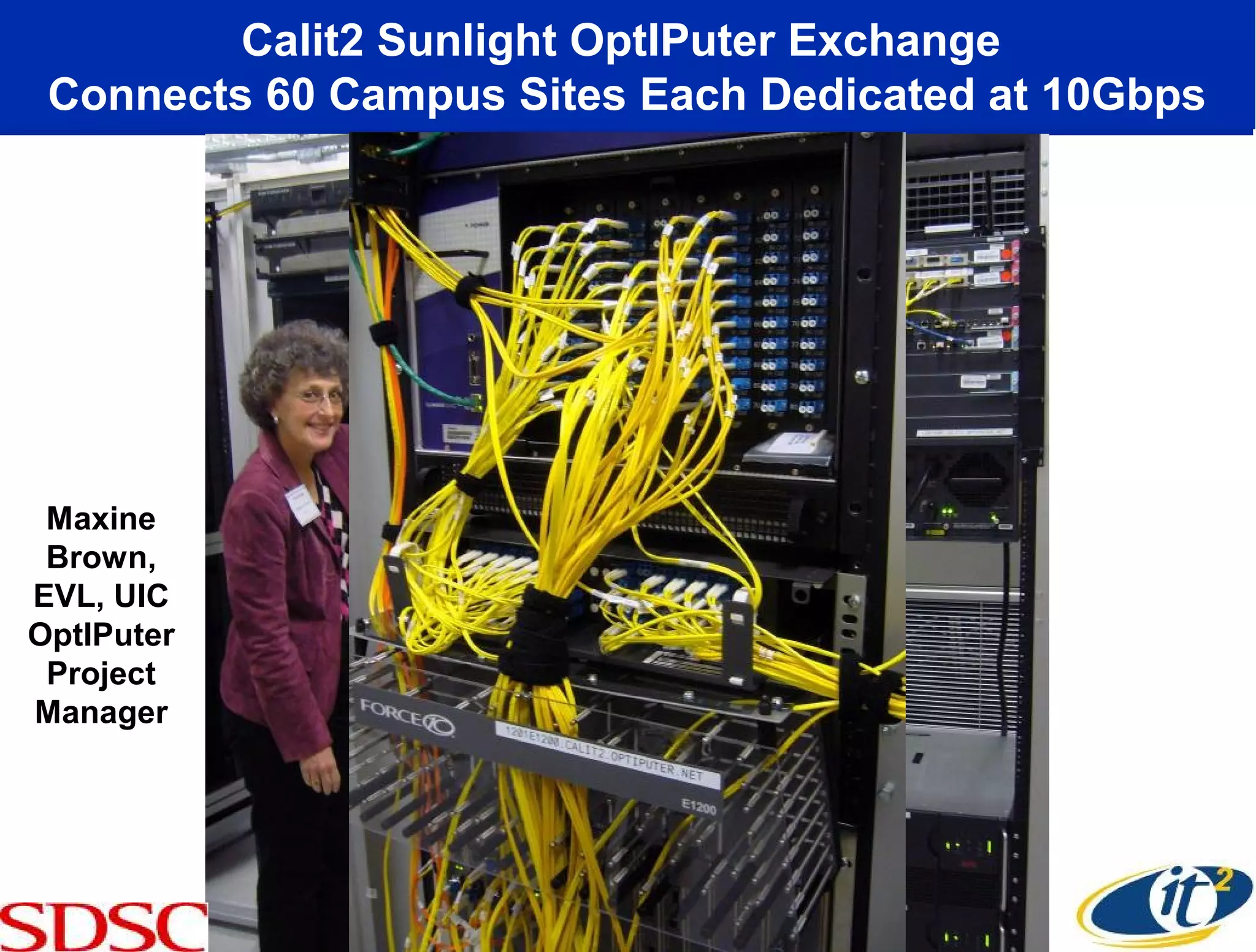 Calit2 Sunlight OptIPuter Exchange
 Connects 60 Campus Sites Each Dedicated at 10Gbps




 Maxine
 Brown,
EVL, UIC
OptIPuter
 Project
Manager
 