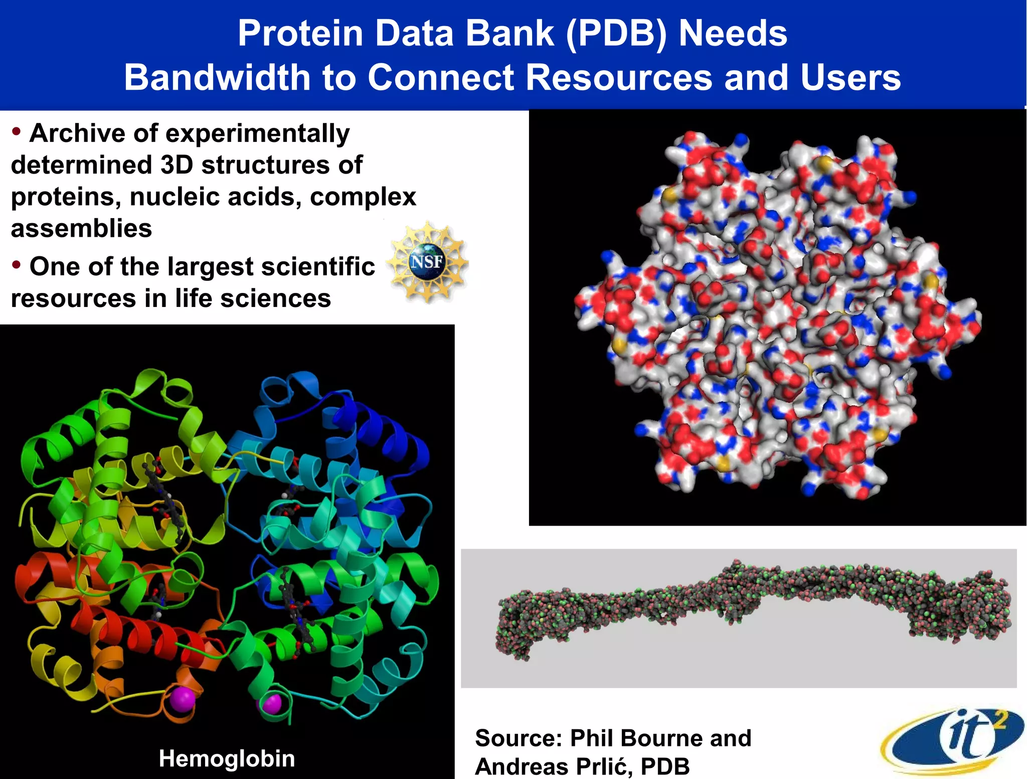 Protein Data Bank (PDB) Needs
        Bandwidth to Connect Resources and Users
• Archive of experimentally
determined 3D structures of
proteins, nucleic acids, complex
assemblies
• One of the largest scientific
resources in life sciences




                                                             Virus




                                   Source: Phil Bourne and
           Hemoglobin              Andreas Prlić, PDB
 