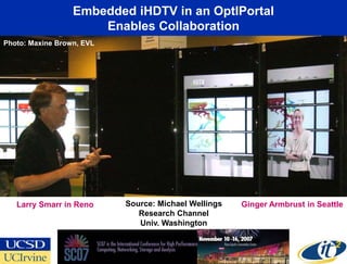 Embedded iHDTV in an OptIPortal
                      Enables Collaboration
Photo: Maxine Brown, EVL




   Larry Smarr in Reno     Source: Michael Wellings   Ginger Armbrust in Seattle
                              Research Channel
                              Univ. Washington
 