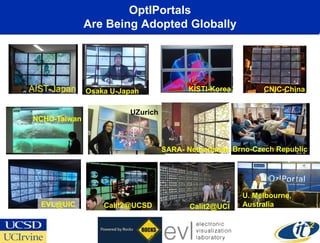 OptIPortals
              Are Being Adopted Globally




AIST-Japan    Osaka U-Japan             KISTI-Korea        CNIC-China


                        UZurich
NCHC-Taiwan



                                  SARA- Netherlands Brno-Czech Republic




                                                      U. Melbourne,
  EVL@UIC         Calit2@UCSD            Calit2@UCI   Australia
 
