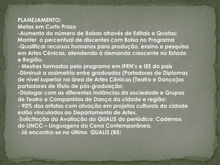 PLANEJAMENTO:
Metas em Curto Prazo
-Aumento do número de Bolsas através de Editais e Quotas;
Manter o percentual de discentes com Bolsa no Programa
-Qualificar recursos humanos para produção, ensino e pesquisa
em Artes Cênicas, atendendo à demanda crescente no Estado
e Região.
- Mestres formados pelo programa em IFRN’s e IES do país
-Diminuir a assimetria entre graduados (Portadores de Diplomas
de nível superior na área de Artes Cênicas (Teatro e Dança)os
portadores de título de pós-graduação;
-Dialogar com as diferentes instâncias da sociedade e Grupos
de Teatro e Companhias de Dança da cidade e região;
- 90% dos artistas com atuação em projetos culturais da cidade
estão vinculados ao Departamento de Artes.
-Solicitação da Avaliação do QUALIS do periódico: Cadernos
do LINCC – Linguagens da Cena Contemporânea.
- Já encontra-se no último QUALIS (B5)
 