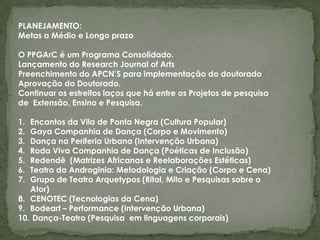 PLANEJAMENTO:
Metas a Médio e Longo prazo

O PPGArC é um Programa Consolidado.
Lançamento do Research Journal of Arts
Preenchimento do APCN’S para implementação do doutorado
Aprovação do Doutorado.
Continuar os estreitos laços que há entre os Projetos de pesquisa
de Extensão, Ensino e Pesquisa.

1. Encantos da Vila de Ponta Negra (Cultura Popular)
2. Gaya Companhia de Dança (Corpo e Movimento)
3. Dança na Periferia Urbana (Intervenção Urbana)
4. Roda Viva Companhia de Dança (Poéticas de Inclusão)
5. Redendê (Matrizes Africanas e Reelaborações Estéticas)
6. Teatro da Androginia: Metodologia e Criação (Corpo e Cena)
7. Grupo de Teatro Arquetypos (Rital, Mito e Pesquisas sobre o
   Ator)
8. CENOTEC (Tecnologias da Cena)
9. Bodeart – Performance (Intervenção Urbana)
10. Dança-Teatro (Pesquisa em linguagens corporais)
 