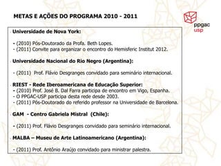 METAS E AÇÕES DO PROGRAMA 2010 - 2011

-   Universidade de Nova York:

    - (2010) Pós-Doutorado da Profa. Beth Lopes.
    - (2011) Convite para organizar o encontro do Hemisferic Institut 2012.

-   Universidade Nacional do Rio Negro (Argentina):

    - (2011) Prof. Flávio Desgranges convidado para seminário internacional.

-   RIEST - Rede Iberoamericana de Educação Superior:
    - (2010) Prof. José B. Dal Farra participa de encontro em Vigo, Espanha.
    - O PPGAC-USP participa desta rede desde 2003.
    - (2011) Pós-Doutorado do referido professor na Universidade de Barcelona.

-   GAM - Centro Gabriela Mistral (Chile):

    - (2011) Prof. Flávio Desgranges convidado para seminário internacional.

-   MALBA – Museu de Arte Latinoamericano (Argentina):

    - (2011) Prof. Antônio Araújo convidado para ministrar palestra.
 