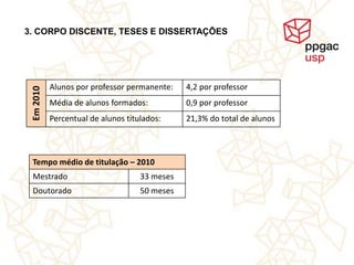 3. CORPO DISCENTE, TESES E DISSERTAÇÕES




           Alunos por professor permanente:    4,2 por professor
 Em 2010




           Média de alunos formados:           0,9 por professor
           Percentual de alunos titulados:     21,3% do total de alunos



 Tempo médio de titulação – 2010
 Mestrado                           33 meses
 Doutorado                          50 meses
 