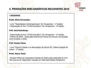 4. PRODUÇÕES BIBLIOGRÁFICAS RELEVANTES 2010

• DOCENTES

Profa. Silvia Fernandes:

- Livro “Teatralidades Contemporâneas”, Ed. Perspectiva – 1ª edição;
- Organização do livro “O Pós-Dramático”, Ed. Perspectiva – 2ª edição.

Prof. Jacó Guinsburg:

- Organização do livro “O Pós-Dramático”, Ed. Perspectiva – 2ª edição;
- Prêmio da APCA - Associação Paulista de Críticos de Arte por sua atuação
como ensaísta e editor.

Prof. Fausto Viana:

- Livro “Figurino Teatral e as Renovações do Século XX”, Editora Estação da
Letras – 1ª edição.

Profa. Maria Thaís:

- Recebe Prêmio da Cooperativa Paulista de Teatro pela publicação do livro
“Na Cena do Dr. Dapertutto”, lançado em 2009 pela Editora Perspectiva.
 
