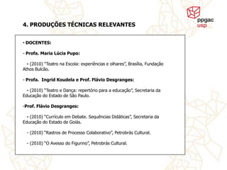 4. PRODUÇÕES TÉCNICAS RELEVANTES


• DOCENTES:

- Profa. Maria Lúcia Pupo:

  - (2010) “Teatro na Escola: experiências e olhares”, Brasília, Fundação
Athos Bulcão.

- Profa. Ingrid Koudela e Prof. Flávio Desgranges:

  - (2010) “Teatro e Dança: repertório para a educação”, Secretaria da
Educação do Estado de São Paulo.

-Prof. Flávio Desgranges:

  - (2010) “Currículo em Debate. Sequências Didáticas”, Secretaria da
Educação do Estado de Goiás.

  - (2010) “Rastros de Processo Colaborativo”, Petrobrás Cultural.

  - (2010) “O Avesso do Figurino”, Petrobrás Cultural.
 