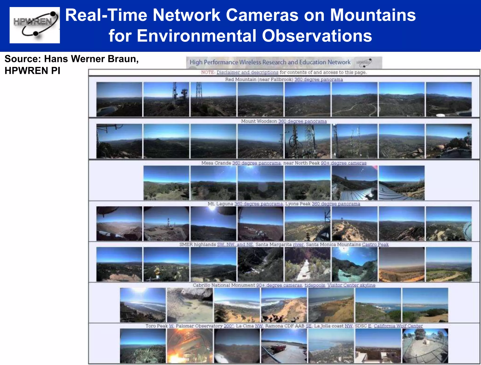 Real-Time Network Cameras on Mountains
for Environmental Observations
Source: Hans Werner Braun,
HPWREN PI
 