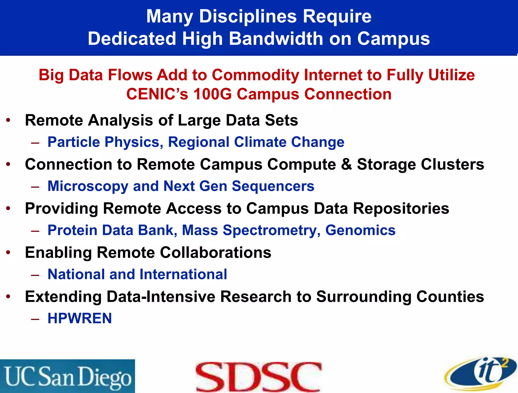 Many Disciplines Require
Dedicated High Bandwidth on Campus
• Remote Analysis of Large Data Sets
– Particle Physics, Regional Climate Change
• Connection to Remote Campus Compute & Storage Clusters
– Microscopy and Next Gen Sequencers
• Providing Remote Access to Campus Data Repositories
– Protein Data Bank, Mass Spectrometry, Genomics
• Enabling Remote Collaborations
– National and International
• Extending Data-Intensive Research to Surrounding Counties
– HPWREN
Big Data Flows Add to Commodity Internet to Fully Utilize
CENIC’s 100G Campus Connection
 