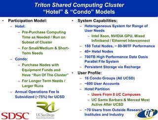 Triton Shared Computing Cluster
“Hotel” & “Condo” Models
• Participation Model:
– Hotel:
– Pre-Purchase Computing
Time as Needed / Run on
Subset of Cluster
– For Small/Medium & Short-
Term Needs
– Condo:
– Purchase Nodes with
Equipment Funds and
Have “Run Of The Cluster”
– For Longer Term Needs /
Larger Runs
– Annual Operations Fee Is
Subsidized (~75%) for UCSD
• System Capabilities:
– Heterogeneous System for Range of
User Needs
– Intel Xeon, NVIDIA GPU, Mixed
Infiniband / Ethernet Interconnect
– 180 Total Nodes, ~ 80-90TF Performance
– 40+ Hotel Nodes
– 700TB High Performance Data Oasis
Parallel File System
– Persistent Storage via Recharge
• User Profile:
– 16 Condo Groups (All UCSD)
– ~600 User Accounts
– Hotel Partition
– Users From 8 UC Campuses
– UC Santa Barbara & Merced Most
Active After UCSD
– ~70 Users from Outside Research
Institutes and Industry
 