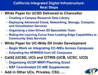 California Integrated Digital Infrastructure:
Next Steps
• White Paper for UCSD Delivered to Chancellor
– Creating a Campus Research Data Library
– Deploying Advanced Cloud, Networking, Storage, Compute,
and Visualization Services
– Organizing a User-Driven IDI Specialists Team
– Riding the Learning Curve from Leading-Edge Capabilities to
Community Data Services
• White Paper for UC-Wide IDI Under Development
– Begin Work on Integrating CC-NIEs Across Campuses
– Extending the HPWREN from UC Campuses
• Calit2 (UCSD, UCI) and CITRIS (UCB, UCSC, UCD)
– Organizing UCOP MRPI Planning Grant
– NSF Coordinated CC-NIE Supplements
• Add in Other UCs, Privates, CSU, …
 