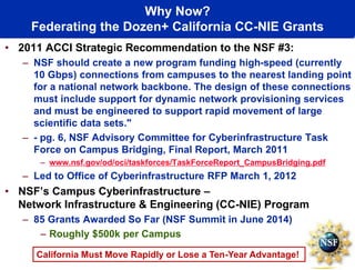 Why Now?
Federating the Dozen+ California CC-NIE Grants
• 2011 ACCI Strategic Recommendation to the NSF #3:
– NSF should create a new program funding high-speed (currently
10 Gbps) connections from campuses to the nearest landing point
for a national network backbone. The design of these connections
must include support for dynamic network provisioning services
and must be engineered to support rapid movement of large
scientific data sets."
– - pg. 6, NSF Advisory Committee for Cyberinfrastructure Task
Force on Campus Bridging, Final Report, March 2011
– www.nsf.gov/od/oci/taskforces/TaskForceReport_CampusBridging.pdf
– Led to Office of Cyberinfrastructure RFP March 1, 2012
• NSF’s Campus Cyberinfrastructure –
Network Infrastructure & Engineering (CC-NIE) Program
– 85 Grants Awarded So Far (NSF Summit in June 2014)
– Roughly $500k per Campus
California Must Move Rapidly or Lose a Ten-Year Advantage!
 