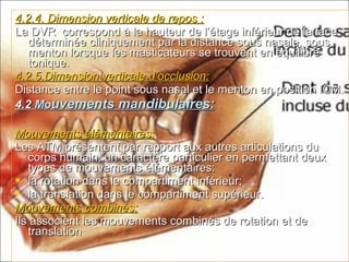 4.2.4. Dimension verticale de repos :4.2.4. Dimension verticale de repos :
La DVR correspond à la hauteur de l’étage inférieur de la faceLa DVR correspond à la hauteur de l’étage inférieur de la face
déterminée cliniquement par la distance sous nasale, sousdéterminée cliniquement par la distance sous nasale, sous
menton lorsque les masticateurs se trouvent en équilibrementon lorsque les masticateurs se trouvent en équilibre
tonique.tonique.
4.2.5.Dimension verticale d’occlusion:4.2.5.Dimension verticale d’occlusion:
Distance entre le point sous nasal et le menton en position ICM.Distance entre le point sous nasal et le menton en position ICM.
4.24.2 MoMouvements mandibulaires:uvements mandibulaires:
Mouvements élémentaires:Mouvements élémentaires:
Les ATM présentent par rapport aux autres articulations duLes ATM présentent par rapport aux autres articulations du
corps humain, un caractère particulier en permettant deuxcorps humain, un caractère particulier en permettant deux
types de mouvements élémentaires:types de mouvements élémentaires:
 la rotation dans le compartiment inférieur;la rotation dans le compartiment inférieur;
 la translation dans le compartiment supérieur.la translation dans le compartiment supérieur.
Mouvements combinés:Mouvements combinés:
Ils associent les mouvements combinés de rotation et deIls associent les mouvements combinés de rotation et de
translationtranslation
 