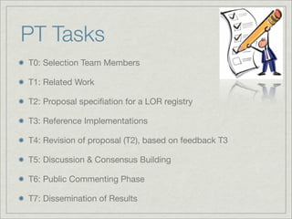 PT Tasks
T0: Selection Team Members

T1: Related Work

T2: Proposal speciﬁation for a LOR registry

T3: Reference Implementations

T4: Revision of proposal (T2), based on feedback T3

T5: Discussion & Consensus Building

T6: Public Commenting Phase

T7: Dissemination of Results
 