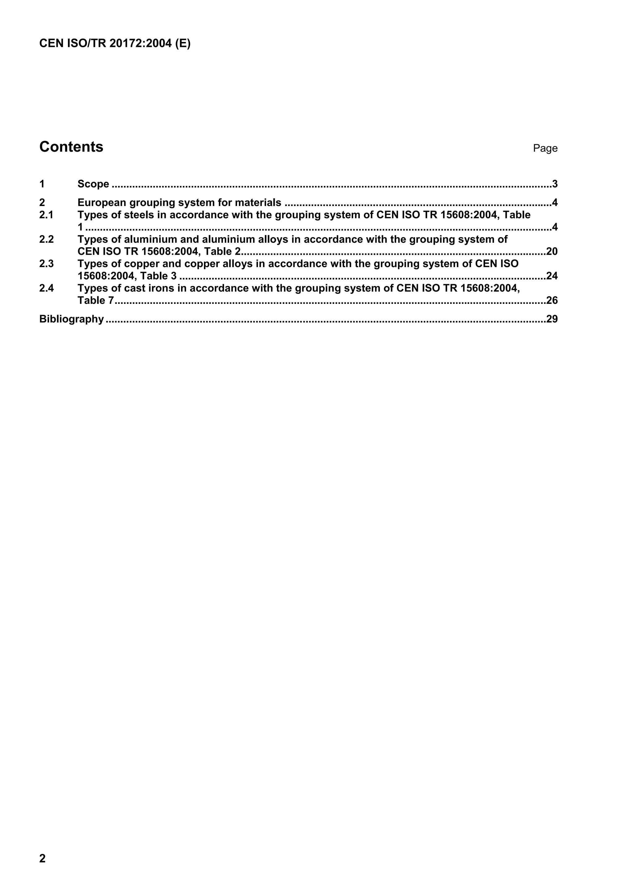 CEN ISO/TR 20172:2004 (E)
2
Contents Page
1 Scope ......................................................................................................................................................3
2 European grouping system for materials ...........................................................................................4
2.1 Types of steels in accordance with the grouping system of CEN ISO TR 15608:2004, Table
1 ...............................................................................................................................................................4
2.2 Types of aluminium and aluminium alloys in accordance with the grouping system of
CEN ISO TR 15608:2004, Table 2........................................................................................................20
2.3 Types of copper and copper alloys in accordance with the grouping system of CEN ISO
15608:2004, Table 3 .............................................................................................................................24
2.4 Types of cast irons in accordance with the grouping system of CEN ISO TR 15608:2004,
Table 7...................................................................................................................................................26
Bibliography......................................................................................................................................................29
 