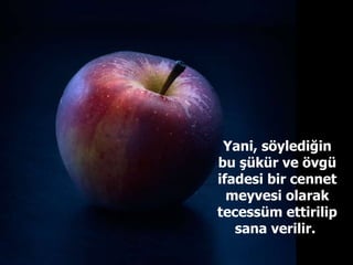 Yani, söylediğin bu şükür ve övgü ifadesi bir cennet meyvesi olarak tecessüm ettirilip sana verilir.  