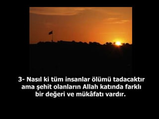 3- Nasıl ki tüm insanlar ölümü tadacaktır ama şehit olanların Allah katında farklı bir değeri ve mükâfatı vardır.  