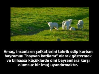 Amaç, insanların şefkatlerini tahrik edip kurban bayramını “hayvan katliamı” olarak göstermek ve bilhassa küçüklerde dini bayramlara karşı olumsuz bir imaj uyandırmaktır. 