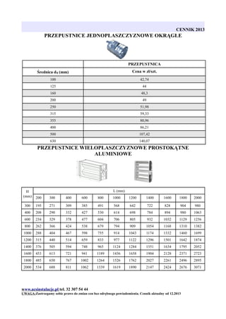 CENNIK 2013

PRZEPUSTNICE JEDNOPŁASZCZYZNOWE OKRĄGŁE

PRZEPUSTNICA
Średnica d1 (mm)

Cena w zł/szt.

100

42,74

125

44

160

48,3

200

49

250

51,98

315

59,33

355

80,96

400

86,21

500

107,42

630

140,07

PRZEPUSTNICE WIELOPŁASZCZYZNOWE PROSTOKĄTNE
ALUMINIOWE

L (mm)

H
(mm)

200

300

400

600

800

1000

1200

1400

1600

1800

2000

300

195

271

309

385

491

568

642

722

828

904

980

400

208

290

332

427

530

614

698

784

894

980

1063

600

234

329

378

477

604

706

805

932

1032

1129

1256

800

262

366

424

538

679

794

909

1054

1168

1310

1382

1000

288

404

467

598

755

914

1043

1174

1332

1460

1699

1200

315

440

514

659

833

977

1122

1296

1501

1642

1874

1400

376

505

594

748

965

1124

1284

1351

1634

1795

2052

1600

453

613

721

941

1189

1436

1658

1904

2128

2371

2723

1800

485

650

767

1002

1264

1526

1762

2027

2261

2496

2895

2000

534

688

811

1062

1339

1619

1890

2147

2424

2676

3071

www.acsinstalacje.pl tel. 32 307 54 44
UWAGA:Zastrzegamy sobie prawo do zmian cen bez odrębnego powiadomienia. Cennik aktualny od 12.2013

 