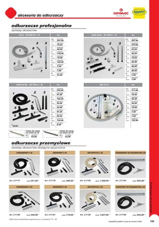 akcesoria do odkurzaczy

  odkurzacze profesjonalne
  zestawy akcesoriów
            CA15 – KIT DRY/TA ∅ 37                           Art.                                   CA30/CA60 – KIT TOP/A ∅ 37                      Art.
                                                     kpl .   401090                                                                         kpl .   204647
                                                     cena    207,00 *                                                                       cena    307,00 *
                                   2           3     1
                                                     cena
                                                             401076
                                                             79,00 *
                                                                                                                          2            3    1
                                                                                                                                            cena
                                                                                                                                                    204560
                                                                                                                                                    275,00 *
                                                     2       400566                                                                         2       400559
                             8                       cena    65,00 *                                    1                                   cena    64,00 *
            1                                        3       400567                                                                         3       401075
                                                     cena    149,00 *                                                                       cena    46,00 *
                                                     4       400563                                                                         4       400563
                           4                         cena    19,00 *                                                                        cena    19,00 *
                                                     5       400562
                                                                                             5                    4                         5       401081
                                                     cena    122,00 *                                                                       cena    83,00 *
     5                     6                         6       400564                                                                         6       401083
                                                     cena    7,00 *                                                                         cena    58,00 *
                                                     7       400565                         6                         8                     7       401082
                                           7         cena    7,00 *                                                                         cena    58,00 *
                                                     8       401074                              7                            9             8       400564
                                                     cena    24,00 *                                                                        cena    7,00 *
                                                                                                                                            9       400565
                                                                                                                                            cena    7,00 *

         CA80/CA100 – KIT TOP/A ∅ 40                         Art.                                             DRY P12 S                             Art.
                                                     kpl .   204648                                                                         kpl .   204628
                                                     cena    332,00 *                                                                       cena    311 ,00 *
   1                           2               3     1       401068                                                                         1       401076
                                                     cena    97,00 *                                                                        cena    79,00 *
                                                     2       401069                          1                                              2       400566
                                                     cena    105,00 *                                                                       cena    65,00 *
                                                                                                                  4           5
                                                     3       401072                                                                         3       401075
                           4                         cena    39,00 *                                                                        cena    46,00 *
                                                     4       401026                                    3                      6             4       400563
      5                                              cena    25,00 *                                                               7        cena    19,00 *
                                                     5
                                                     cena
                                                             401070
                                                             97,00 *
                                                                                                 2                                          5
                                                                                                                                            cena
                                                                                                                                                    400564
                                                                                                                                                    7,00 *
                               7°                    6       401071                                                                         6       400565
     6                                               cena    99,00 *                                                                        cena    7,00 *
                                                     7°      401073                                                                         7       400562
                                               8     cena    144,00 *                                                                       cena    122,00 *
                                                     8       401024
                                                     cena    9,00 *
  °opcja
                    Listwa do ssawy                             Listwa do ssawy
                    na sucho (nr 5)                             na mokro (nr 6)
                   Art.    401037                               Art.    412663
                   cena    63,00 *                              cena    63,00 *


  odkurzacze przemysłowe
  zestawy akcesoriów dostępne opcjonalnie
          STANDARDOWY Ø 40                               DODATKOWY Ø 40                      ANTYSTATYCZY Ø 40                    STANDARDOWY DO PIEKARNICTWA Ø40




Art. 217177          cena 351,00       *       Art. 217178          cena   485,00 *   Art. 217182      cena   1.268,00 *          Art. 217184        cena   594,00 *
                                                                                                                                                                       akcesoria do odkurzaczy




          STANDARDOWY Ø 50                               DODATKOWY Ø 50                      ANTYSTATYCZY Ø 50                    DODATKOWY DO PIEKARNICTWA Ø 40




Art. 217180         cena   469,00 *            Art. 217181          cena   719,00 *   Art. 217183      cena   1.827,00 *          Art. 217186        cena   594,00 *

Odkurzacze standardowo wyposażone są w redukcję Ø 70 - 50.
                                                                                                                      * wszystkie podane ceny są cenami netto               100
 